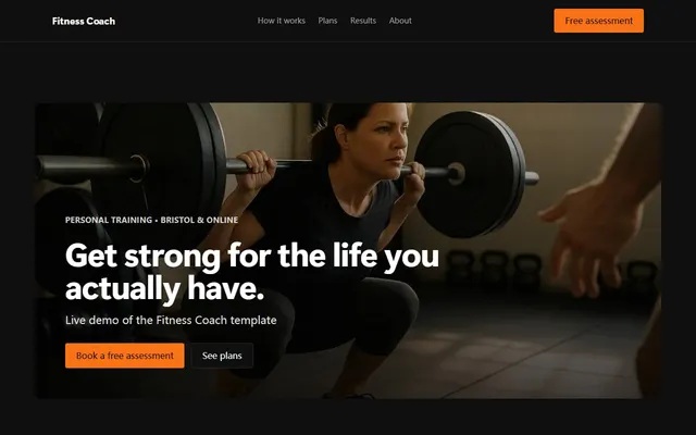 Screenshot of the Fitness Coach template home page
