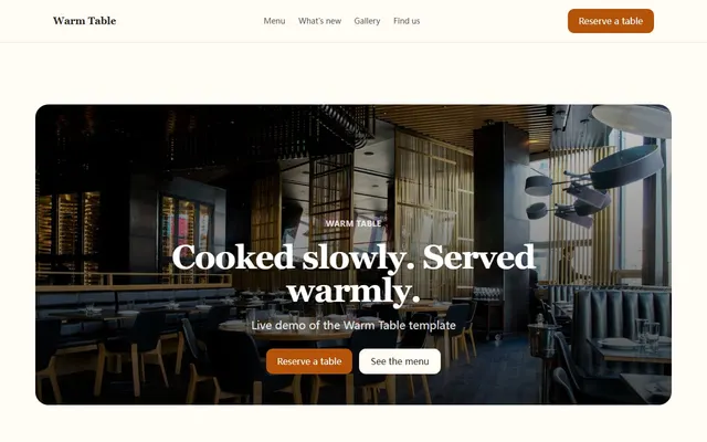 Screenshot of the Warm Table template home page