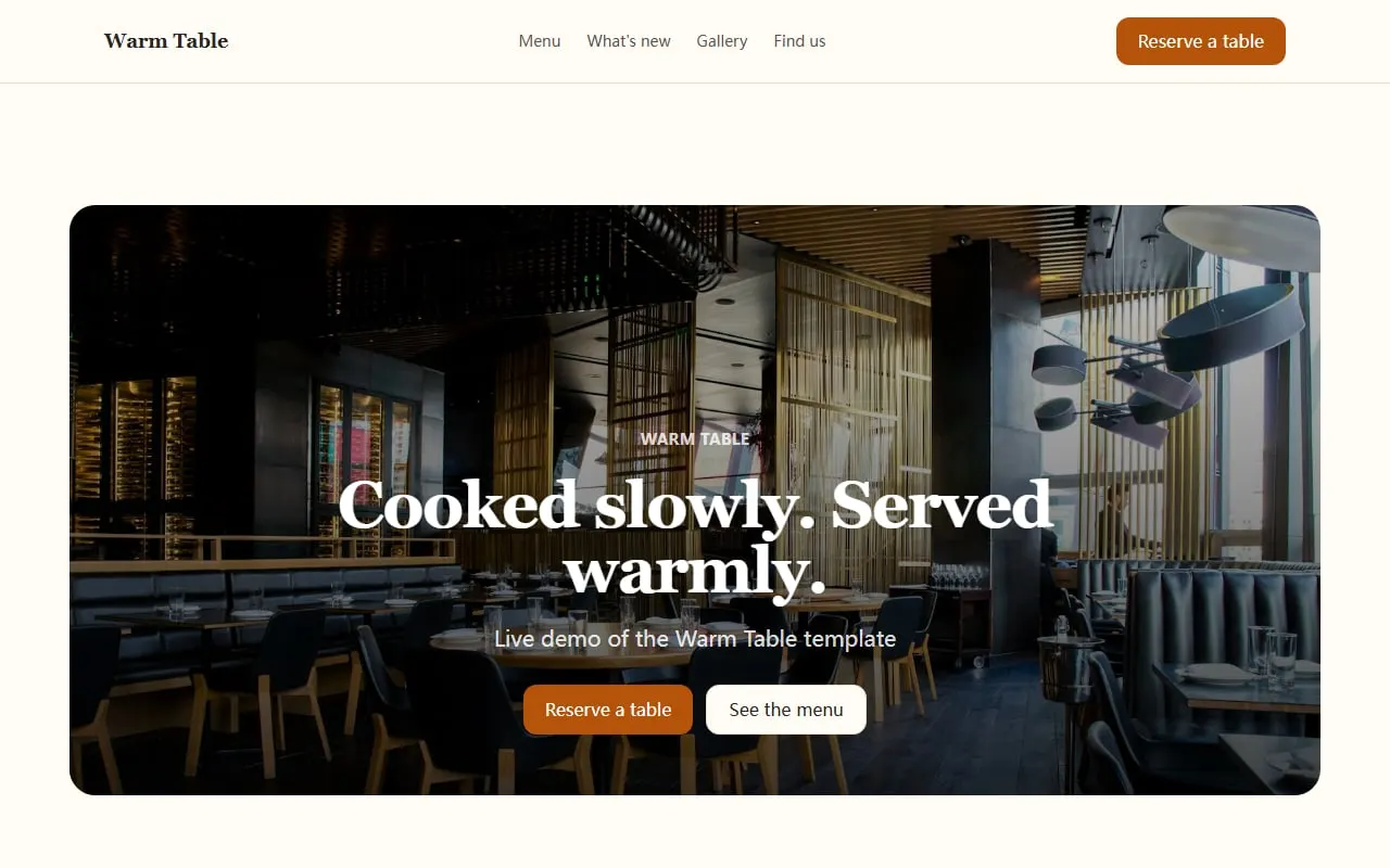 Screenshot of the Warm Table template home page