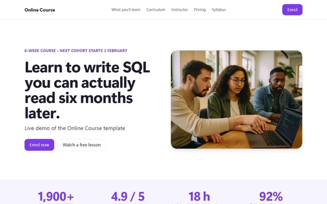 Captura de la página de inicio de la plantilla Online Course