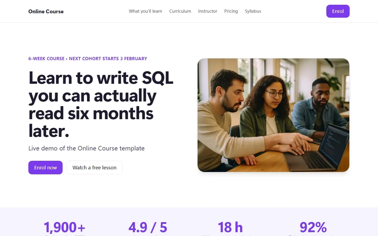 Capture d'écran de la page d'accueil du modèle Online Course