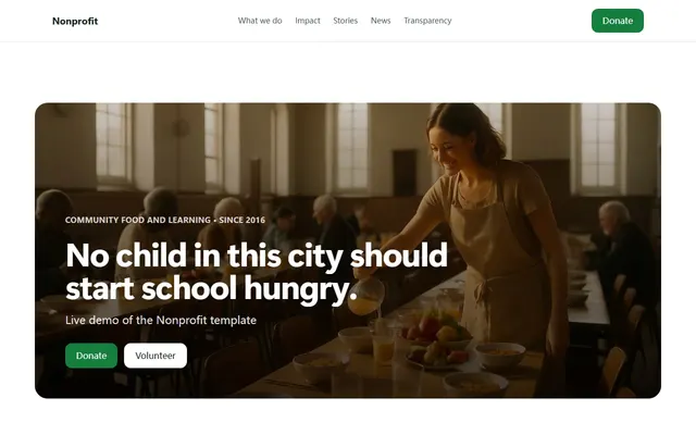 Captura de la página de inicio de la plantilla Nonprofit