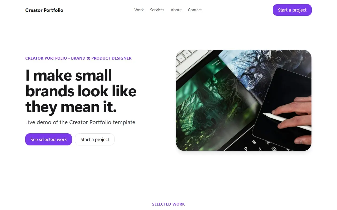 Screenshot of the Creator Portfolio template home page