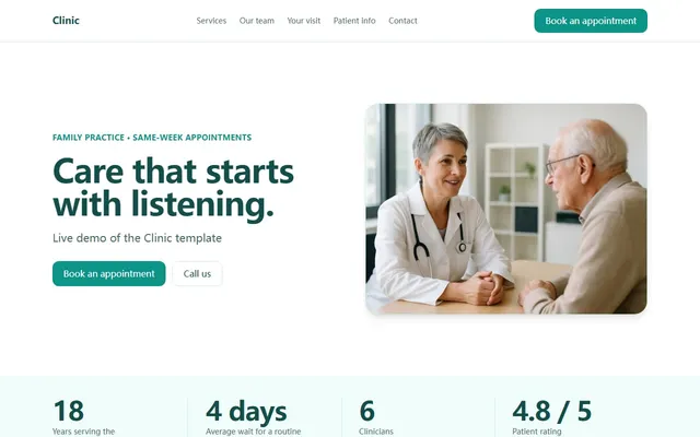 Capture d'écran de la page d'accueil du modèle Clinic