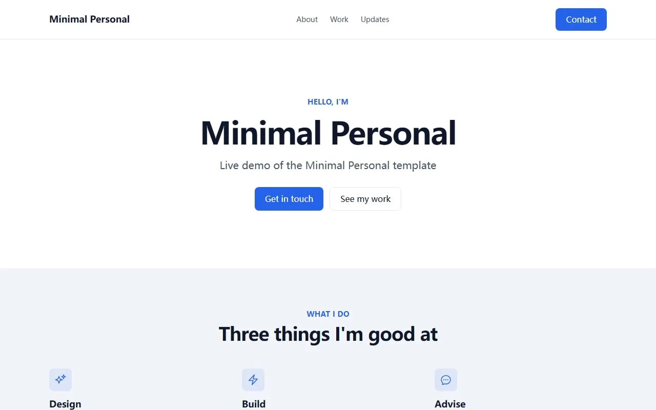 Captura de la página de inicio de la plantilla Minimal Personal